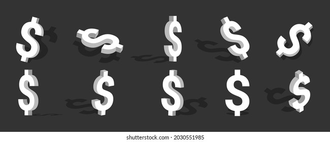 Ilustración de iconos 3d de dólar blanco con diferentes puntos de vista y ángulos