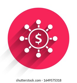 Dólar blanco, compartir, icono de red aislado con una larga sombra. Botón de círculo rojo.  Ilustración vectorial