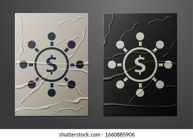 White Dollar, share, network icon isolated on crumpled paper background. Paper art style. Vector Illustration