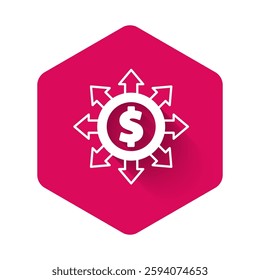 White Dollar, share, network icon isolated with long shadow background. Pink hexagon button. Vector