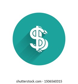 White Dollar symbol icon isolated with long shadow. Cash and money, wealth, payment symbol. Casino gambling. Green circle button. Vector Illustration