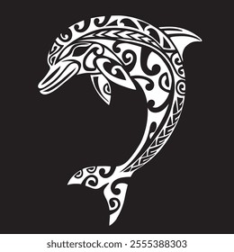 White Dolphin in Maori Polynesian style on black background. Tattoo sketch. print and t-shirt design