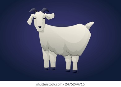 White domestic or wild goat with horns. Vector isolated cartoon illustration of farm animal.
