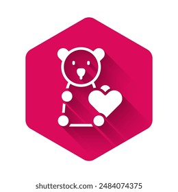 White Donate child toys icon isolated with long shadow background. Charity kindness, volunteer social assistance. Pink hexagon button. Vector