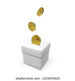 White donation box with falling gold coins. 3D realistic charity and donation concept. Business object for banner and poster. Vector illustration