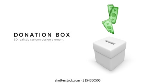 Caja blanca de donaciones con dólar de papel en caída. 3D concepto realista de caridad y donación. Objeto comercial para cartel y afiche. Ilustración del vector