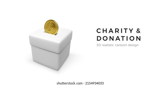 White donation box with gold coin. 3D realistic charity and donation concept. Business object for banner and poster. Vector illustration