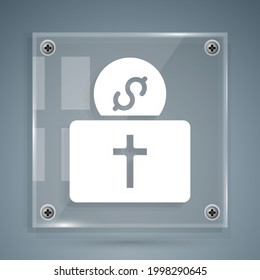 White Donation for church icon isolated on grey background. Square glass panels. Vector