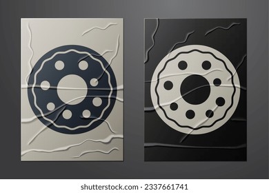 White Donut with sweet glaze icon isolated on crumpled paper background. Paper art style. Vector