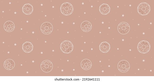 White donuts with funny faces on a brown background with small stars and dots. Endless texture with kawaii dessert characters. Vector seamless pattern for cover, surface texture, wrapping paper, print