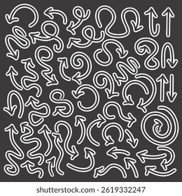 White doodle arrows drawn on black background with curved, swirling, and directional styles