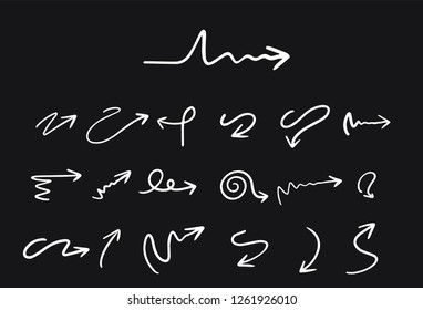 White doodle arrows set on black background.