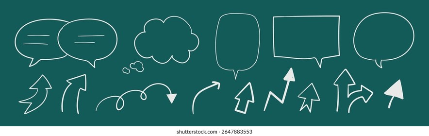 Flechas blancas del doodle y burbujas del discurso en un fondo verde. Flechas y burbujas de discurso en varias Formas. Estilo doodle simple con flechas y burbujas. Conjunto de elementos de Vector aislado.