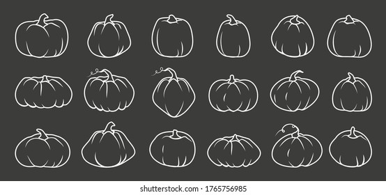 White doodle Autumn pumpkin icon set. Line sign Thanksgiving and Halloween, season crop capacity. Contour template different shape gourd. Linear style pictogram. Isolated on dark vector illustration