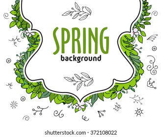 White doodle banner with text and green floral composition from above. Fresh stylish design for banners, greeting cards, advertisement, sales