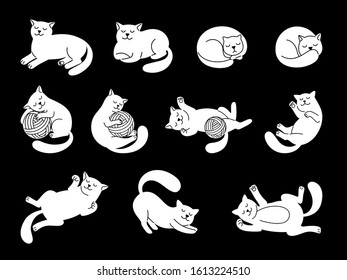 White doodle cat character. Cute domestic cats vector illustration, funny kitty sketch, hand drawn lying and sleeping, jumping and playing kittens on black background