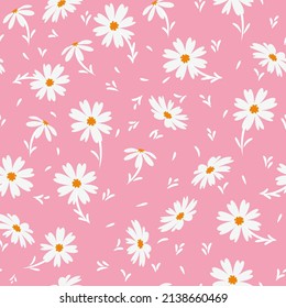 White doodle chamomile or daisy flowers isolated on pink background. Hand drawn floral seamless pattern vector illustration. Great for textile, paper, baby girl, fabric, gift wrap and more.