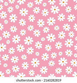 White doodle chamomile or daisy flowers isolated on pink background. Hand drawn floral seamless pattern vector illustration. Great for textile, paper, baby girl, fabric, gift wrap and more.