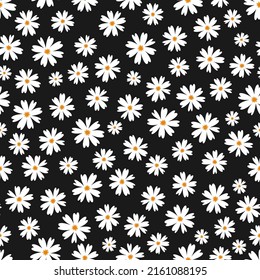 White doodle chamomile or daisy flowers isolated on black background. Hand drawn floral seamless pattern vector illustration. Great for textile, paper, baby girl, fabric, gift wrap and more.