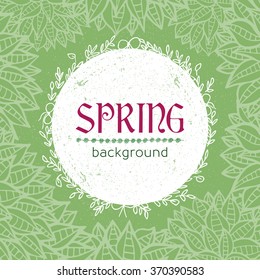 White doodle circle frame on Green floral background. Fresh vector design for banners, greeting cards, spring sales.