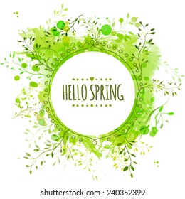 White Doodle Circle Frame With Text Hello Spring. Green Paint Splash Background With Leaves. Fresh Vector Design For Banners, Greeting Cards, Spring Sales.