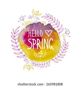 White doodle circle frame with text hello spring. Bright paint splash background with leaves. Fresh vector design for banners, greeting cards, spring sales.