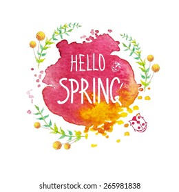 White doodle circle frame with text hello spring. Bright paint splash background with leaves. Fresh vector design for banners, greeting cards, spring sales.