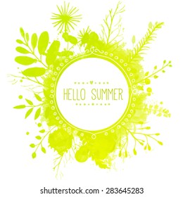 White doodle circle frame with text hello summer. Green paint splash background with leaves. Fresh vector design for banners, greeting cards, spring sales.