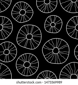 white doodle circles with stripes on black. seamless pattern