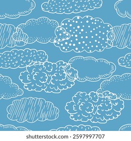 White doodle clouds on blue background hand drawn vector seamless pattern repeating backdrop
