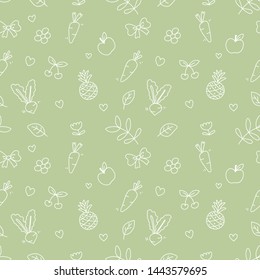 white doodle of cute fruits and vegetable seamless pattern, vector illustration, pastel green background