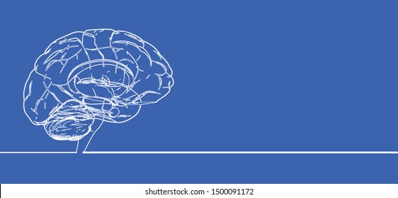 White doodle drawing human brain anatomy in side view illustration isolated on blue background with blank space for text copy