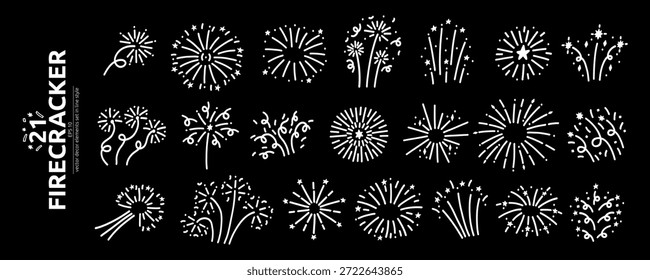 Doodle blanco Сonfetti Firecracker Icon Kit. Dibujado a mano Celebrar el Paquete del elemento de fuegos artificiales en fondo negro. Conjunto de Ilustración vectorial de línea