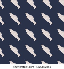 White doodle fish ornament seamless pattern. Stylized undersea shapes on nave blue dark background. Designed for wallpaper, textile, wrapping paper, fabric print. Vector illustration.