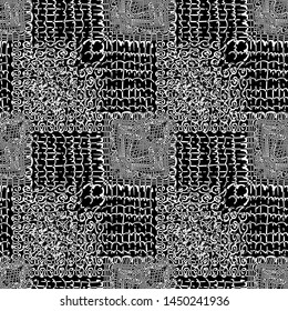 White doodle hand drawing lines on black background. Seamless vintage pechwork pattern. Scandinavian style vector illustration. Desing textile,fabric,scrapbook,wallpapers,notebook,wedding,invitations.