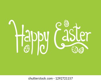 White doodle handwritten Happy Easter text with eggs on green grass background. Funny comic Easters lettering with sketch outline egg for greeting card, spring holiday invitation design