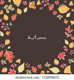 El doodle blanco deja marco sobre el vector de fondo marrón para la decoración en el festival de otoño.