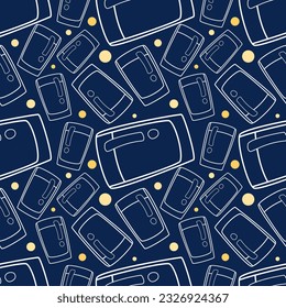 white doodle line drinking glass with yellow dots seamless pattern on navy blue background. vector abstract.