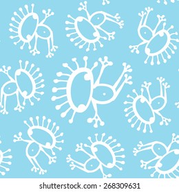 White doodle line frog seamless baby pattern texture on blue background 