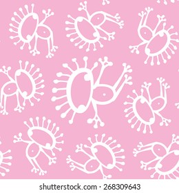 White doodle line frog seamless baby pattern texture on pink background 