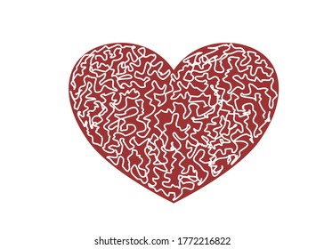 White Doodle on the Red heart .Isolate on white background .