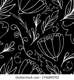 white doodle peonies and leaves on a black background, vector seamless pattern