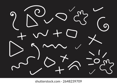White doodle sketch icon set on black background file type for apps, websites, UI, creative designs ,decorative website backgrounds, apps, creative UI elements, and artistic designs.