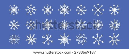 White doodle snowflakes set against deep blue for visual design elements, Intricate white snowflake illustrations on navy blue backgrounds tailored for banners and promotional materials