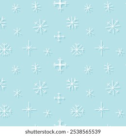 White doodle snowflakes with shadow on blue seamless pattern. Winter holiday design for decoration, card, flyer