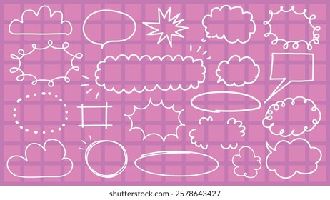 White doodle speech bubbles on pink background. Various speech bubbles, doodle style, pink and white. Fun, playful speech bubbles for creative designs. Colorful doodle elements, vector set.