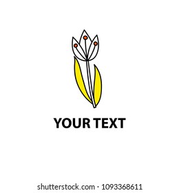 White doodle tulip with yellow leafs. Illustration with place for your text