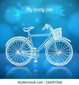 White doodle vector bike on blue shining background