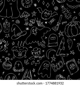 white doodles - halloween celebration on black background, chalk on blackboard, vector seamless pattern for halloween celebration in doodle style, color illustration