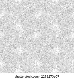 Doodles blancos, patrón vectorial sin fisuras con líneas y ondas onduladas, fondo floreciente con formas florales en blanco y gris para ropa deportiva y ropa activa